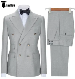 Fashion 2 Pieces Mens Suit Double Breasted Flat Notch Lapel Tuxedos (Blazer Pants)