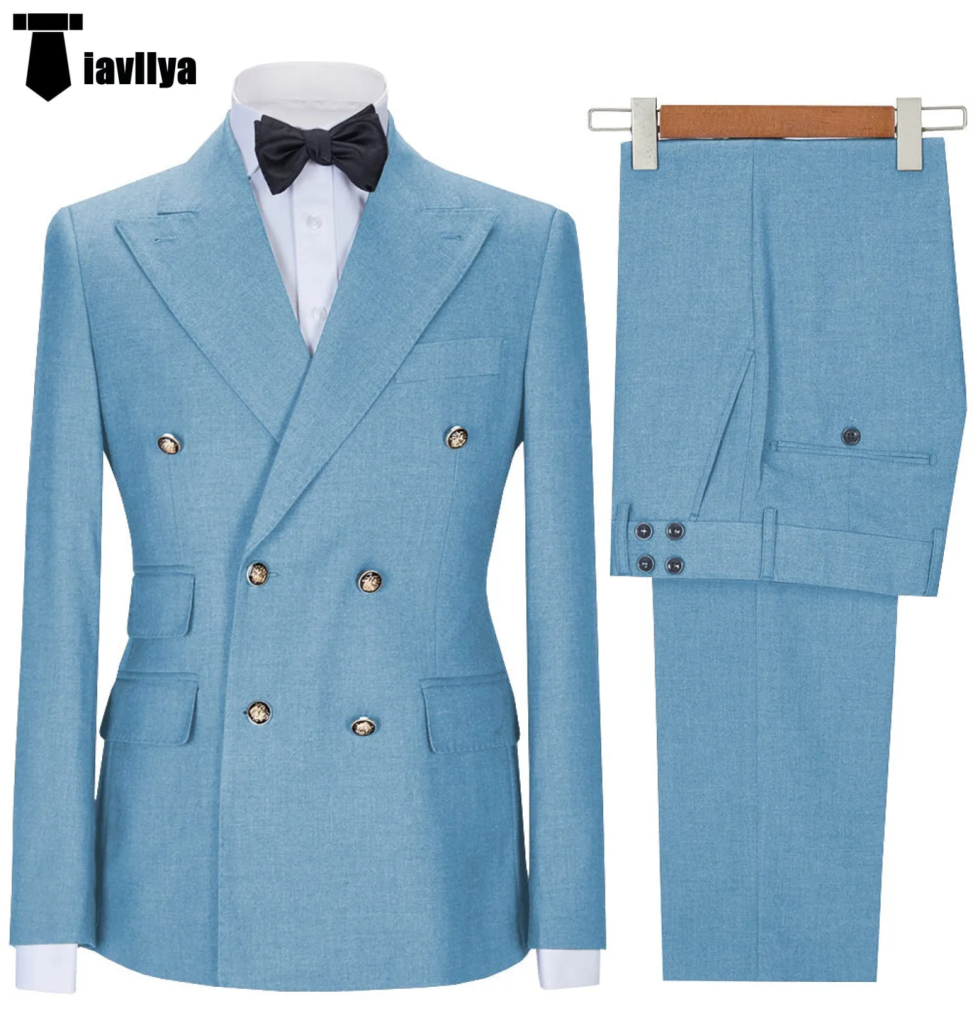Fashion 2 Pieces Mens Suit Double Breasted Flat Notch Lapel Tuxedos (Blazer Pants)