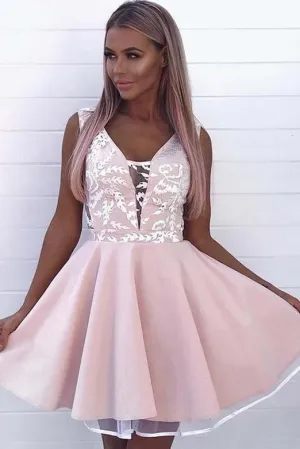 Fashion A Line V Neck Sleeveless Pink Appliques Short Homecoming Dress PFH0032
