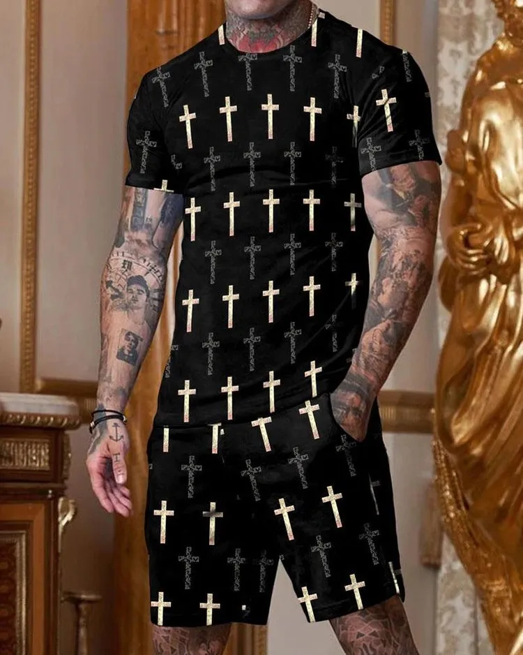 Fashion Black Cross Printed Short Sleeve Round Collar Suit