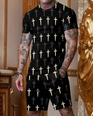 Fashion Black Cross Printed Short Sleeve Round Collar Suit
