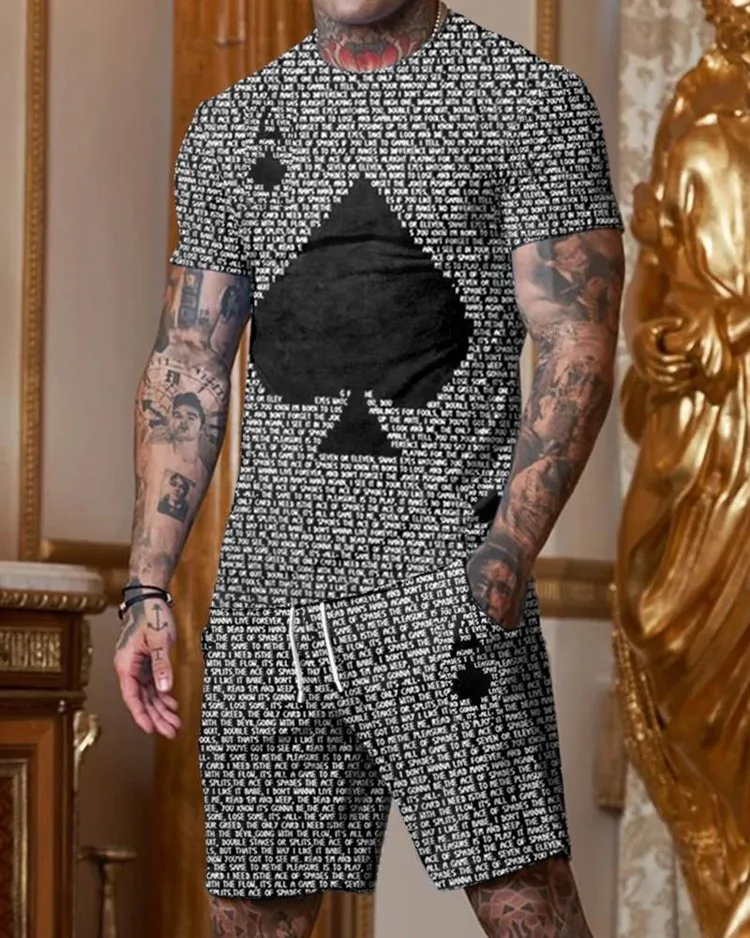 Fashion Black Poker Printed Short Sleeve Round Collar Suit