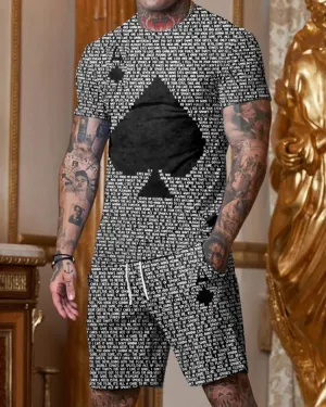 Fashion Black Poker Printed Short Sleeve Round Collar Suit