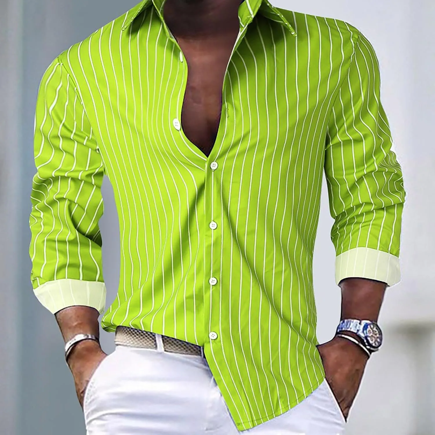 Fashion Button Down Shirts for Men Wrinkle Free 4-Way Stretch Striped Print Business Casual Long Sleeve Dress Shirt