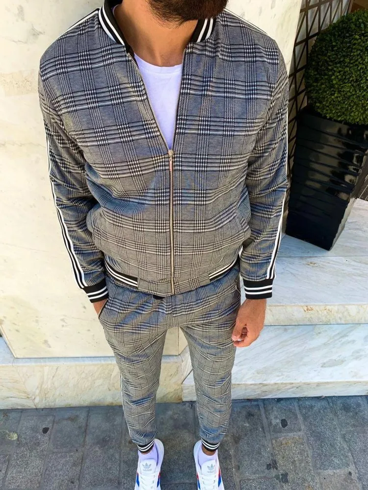 Fashion Casual Brown Checked Print Sport 2 Piece Set