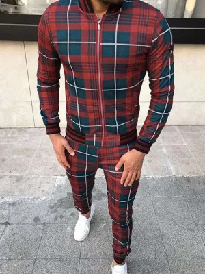 Fashion Casual Red Checked Print Sports Two-Piece Set
