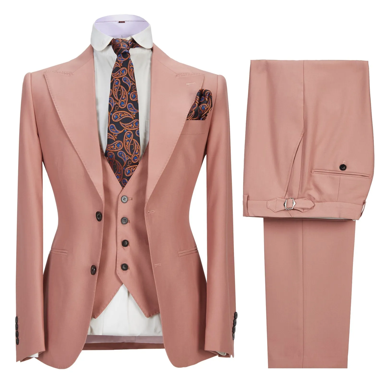 Fashion Men's 3 Pieces Mens Suit Peak Lapel Solid Tuxedos (Blazer vest Pants)