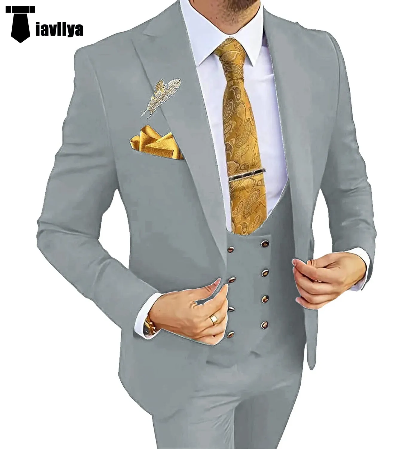 Fashion Men's Suit 3 Piece Peak Lapel Flat Tuxedo Wedding (Blazer Vest Pants)
