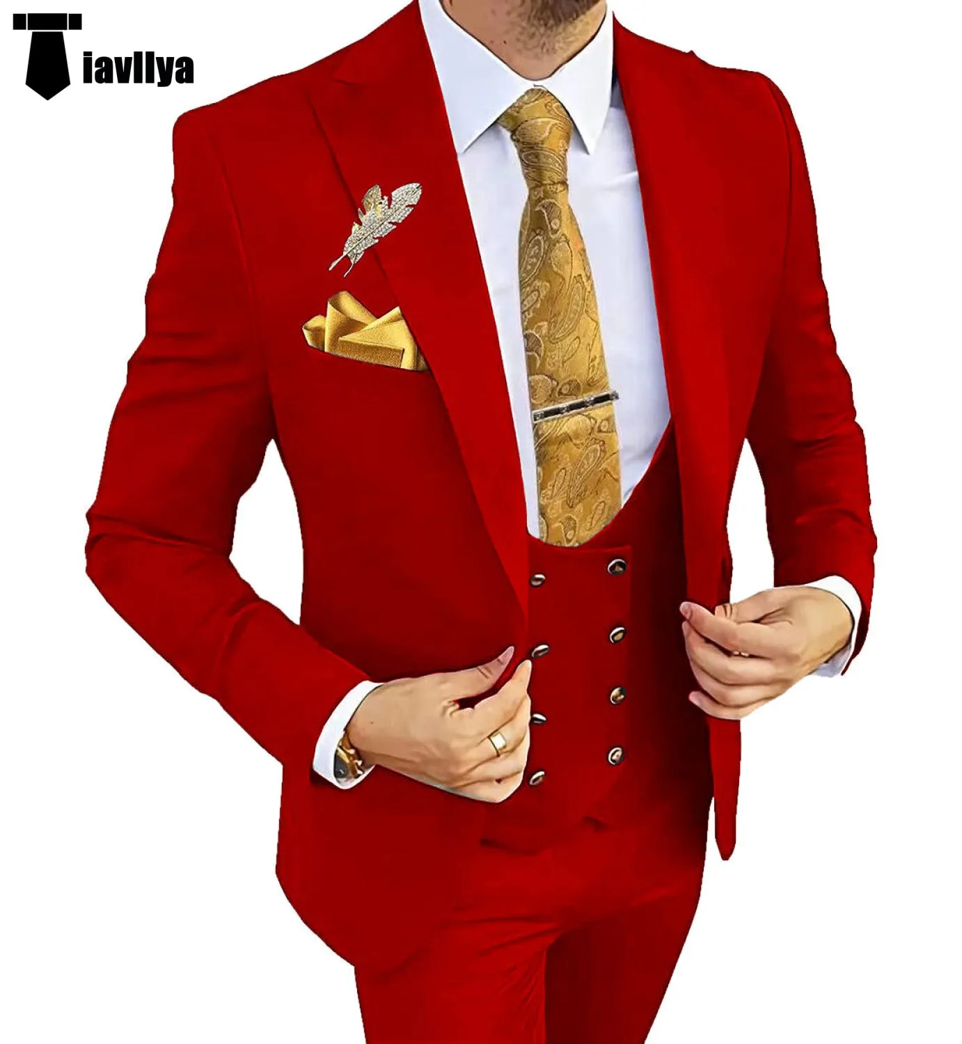 Fashion Men's Suit 3 Piece Peak Lapel Flat Tuxedo Wedding (Blazer Vest Pants)