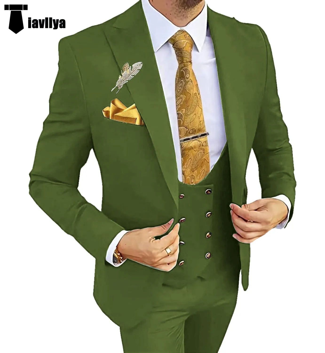 Fashion Men's Suit 3 Piece Peak Lapel Flat Tuxedo Wedding (Blazer Vest Pants)