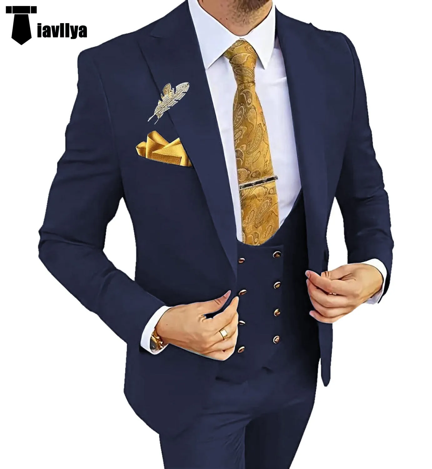 Fashion Men's Suit 3 Piece Peak Lapel Flat Tuxedo Wedding (Blazer Vest Pants)