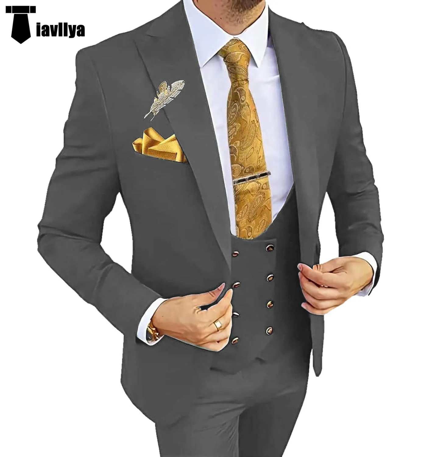 Fashion Men's Suit 3 Piece Peak Lapel Flat Tuxedo Wedding (Blazer Vest Pants)