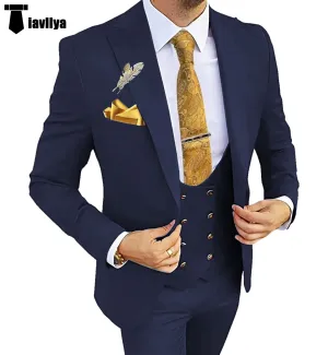 Fashion Men's Suit 3 Piece Peak Lapel Flat Tuxedo Wedding (Blazer Vest Pants)