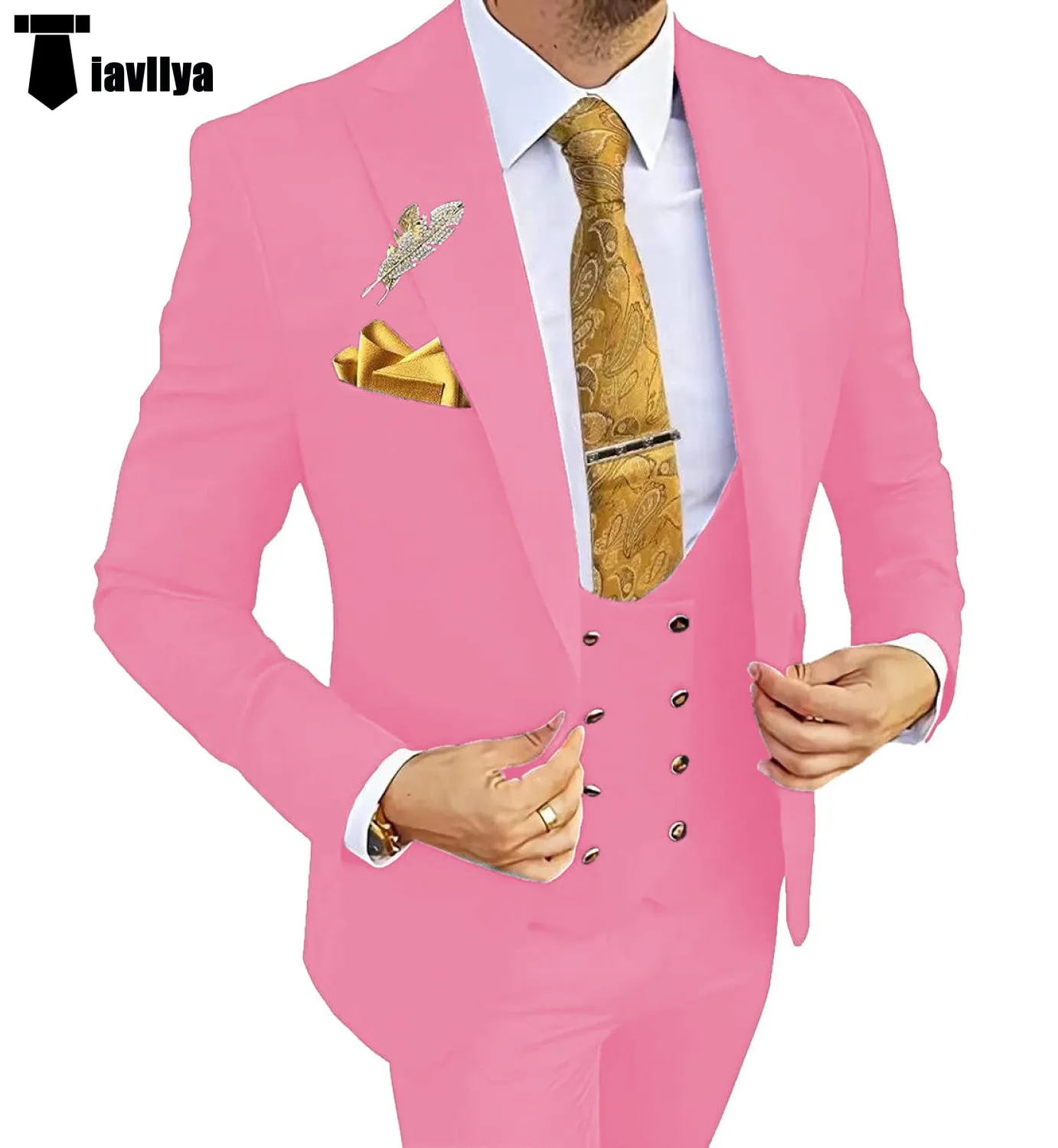 Fashion Men's Suit 3 Piece Peak Lapel Flat Tuxedo Wedding (Blazer Vest Pants)