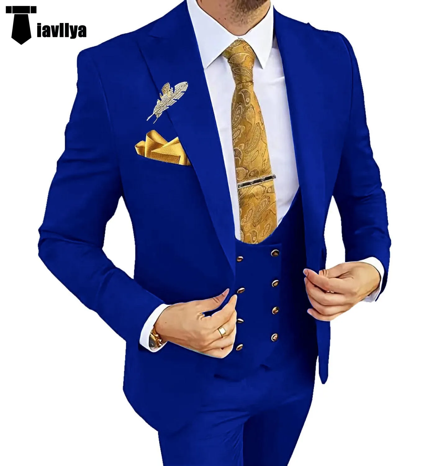 Fashion Men's Suit 3 Piece Peak Lapel Flat Tuxedo Wedding (Blazer Vest Pants)