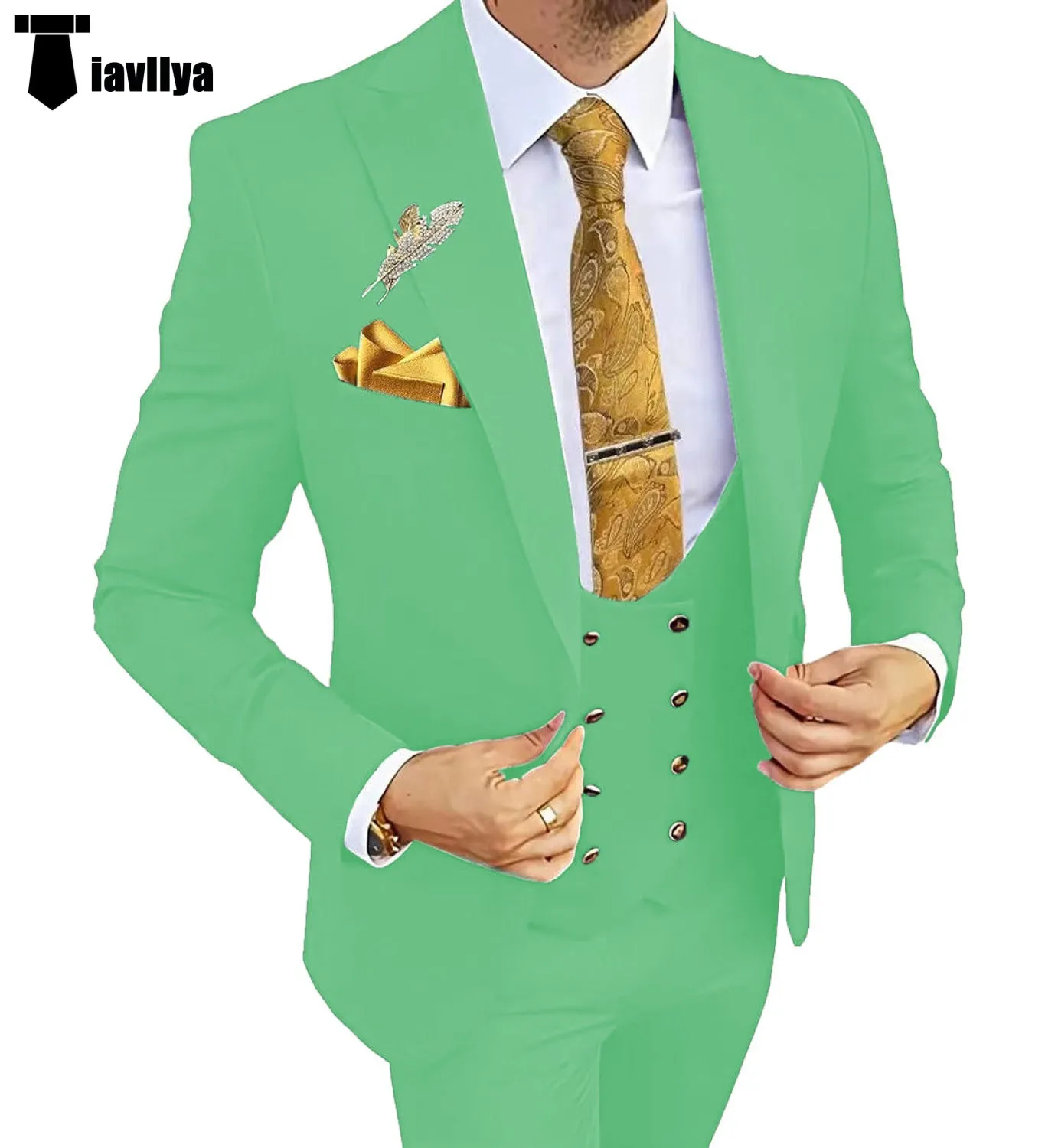 Fashion Men's Suit 3 Piece Peak Lapel Flat Tuxedo Wedding (Blazer Vest Pants)