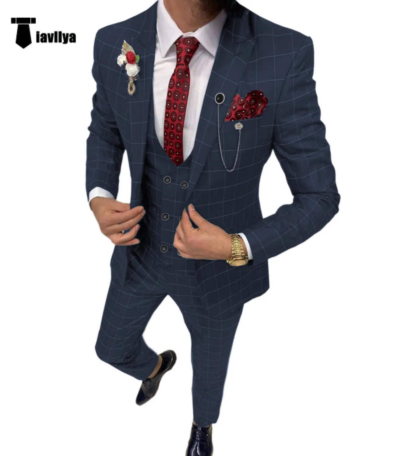 Fashion Mens Suit 3 Pieces Plaid Peak Lapel Tuxedos (Blazer Vest Pants)