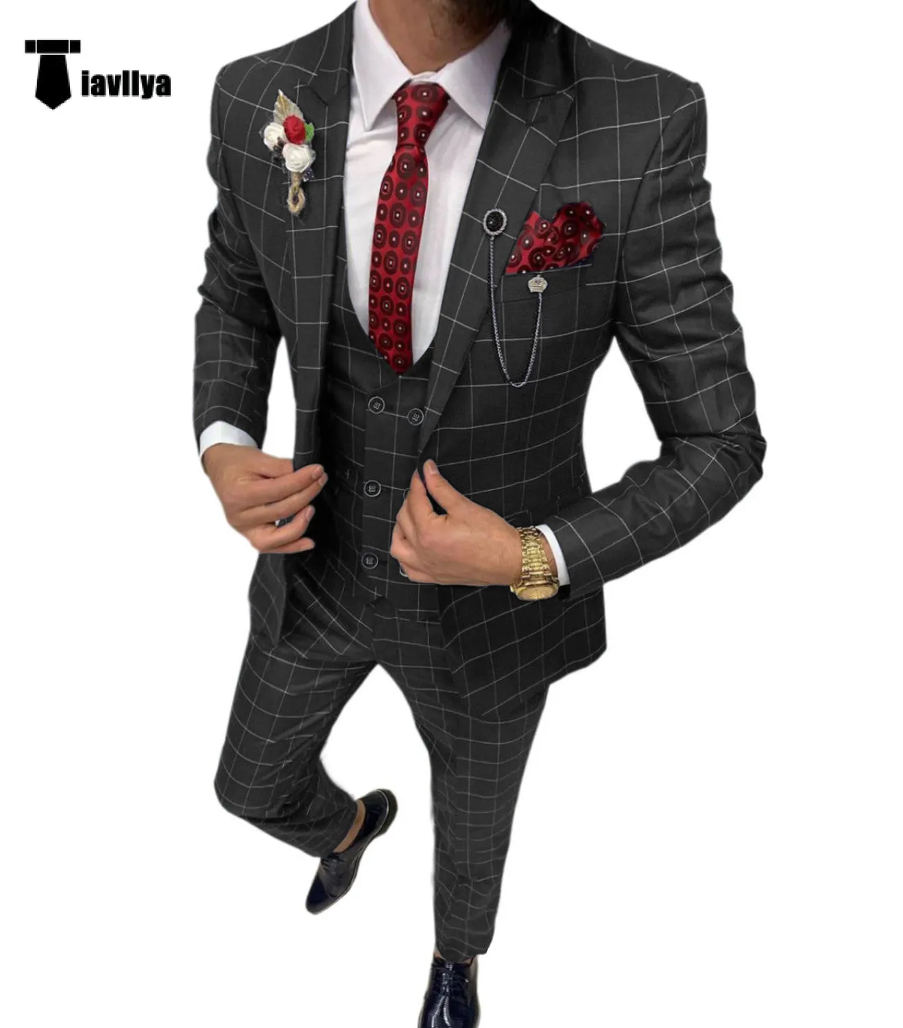 Fashion Mens Suit 3 Pieces Plaid Peak Lapel Tuxedos (Blazer Vest Pants)