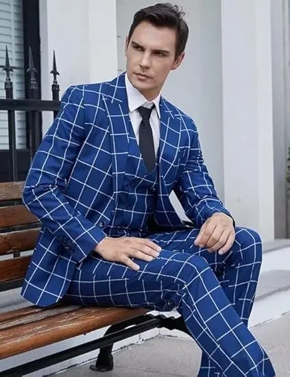 Fashion Mens Suit 3 Pieces Plaid Peak Lapel Tuxedos (Blazer Vest Pants)