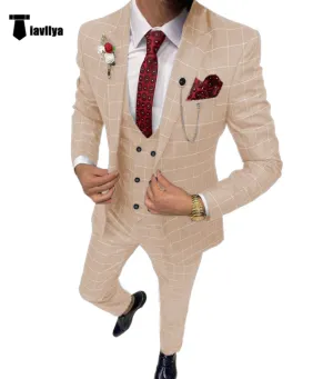 Fashion Mens Suit 3 Pieces Plaid Peak Lapel Tuxedos (Blazer Vest Pants)