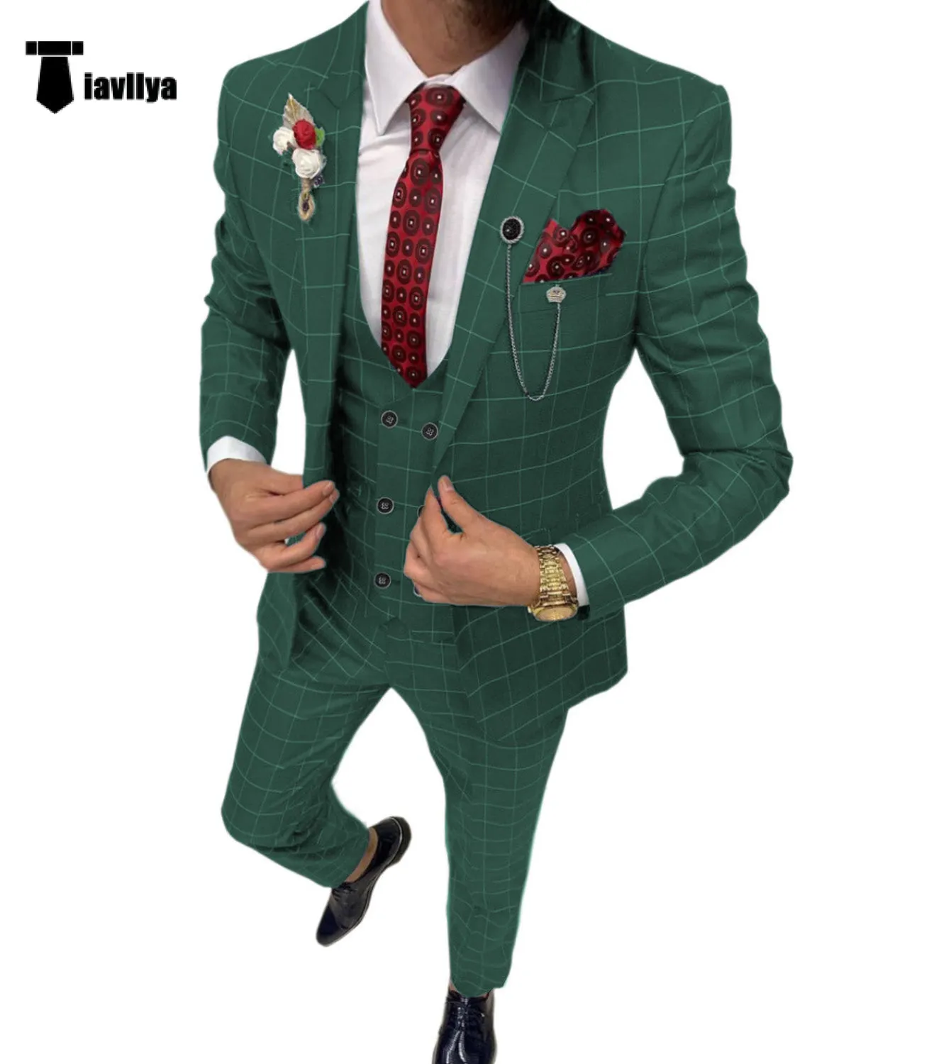 Fashion Mens Suit 3 Pieces Plaid Peak Lapel Tuxedos (Blazer Vest Pants)