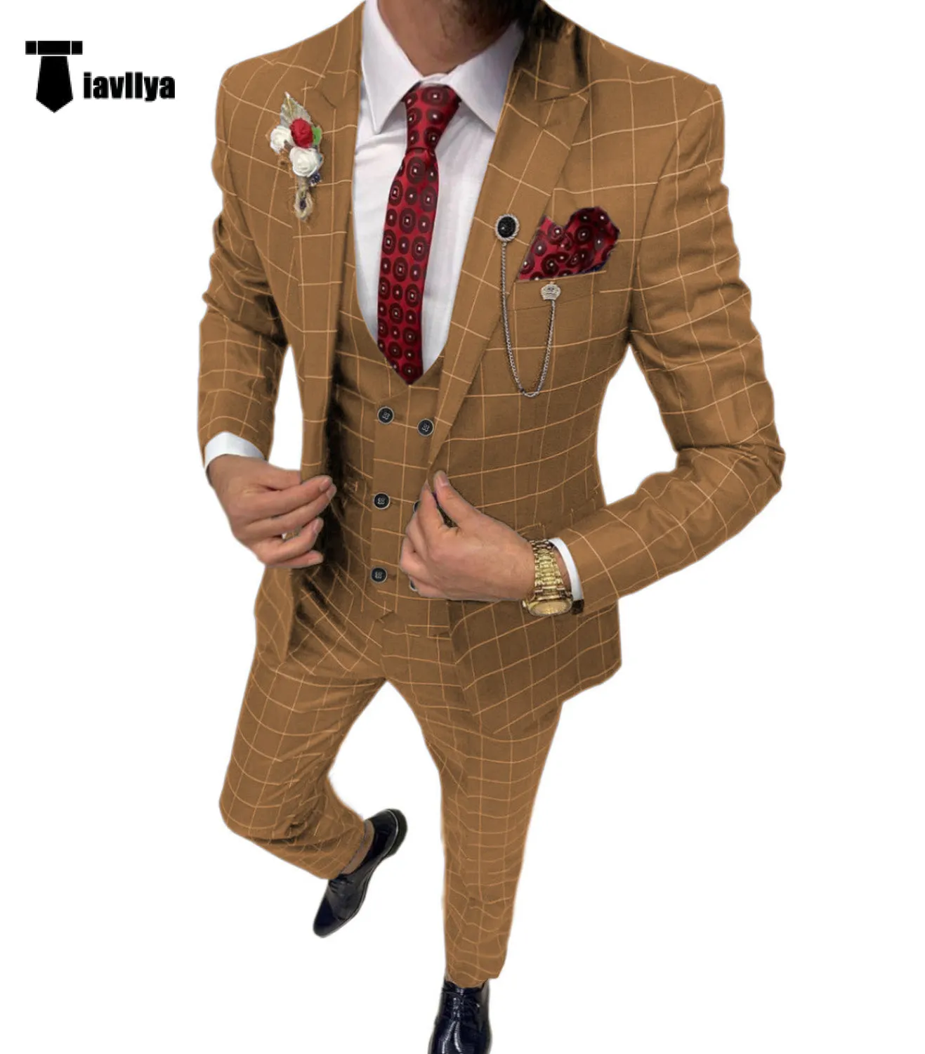 Fashion Mens Suit 3 Pieces Plaid Peak Lapel Tuxedos (Blazer Vest Pants)