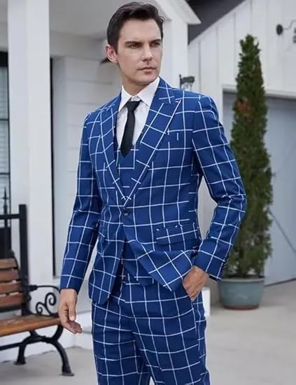 Fashion Mens Suit 3 Pieces Plaid Peak Lapel Tuxedos (Blazer Vest Pants)