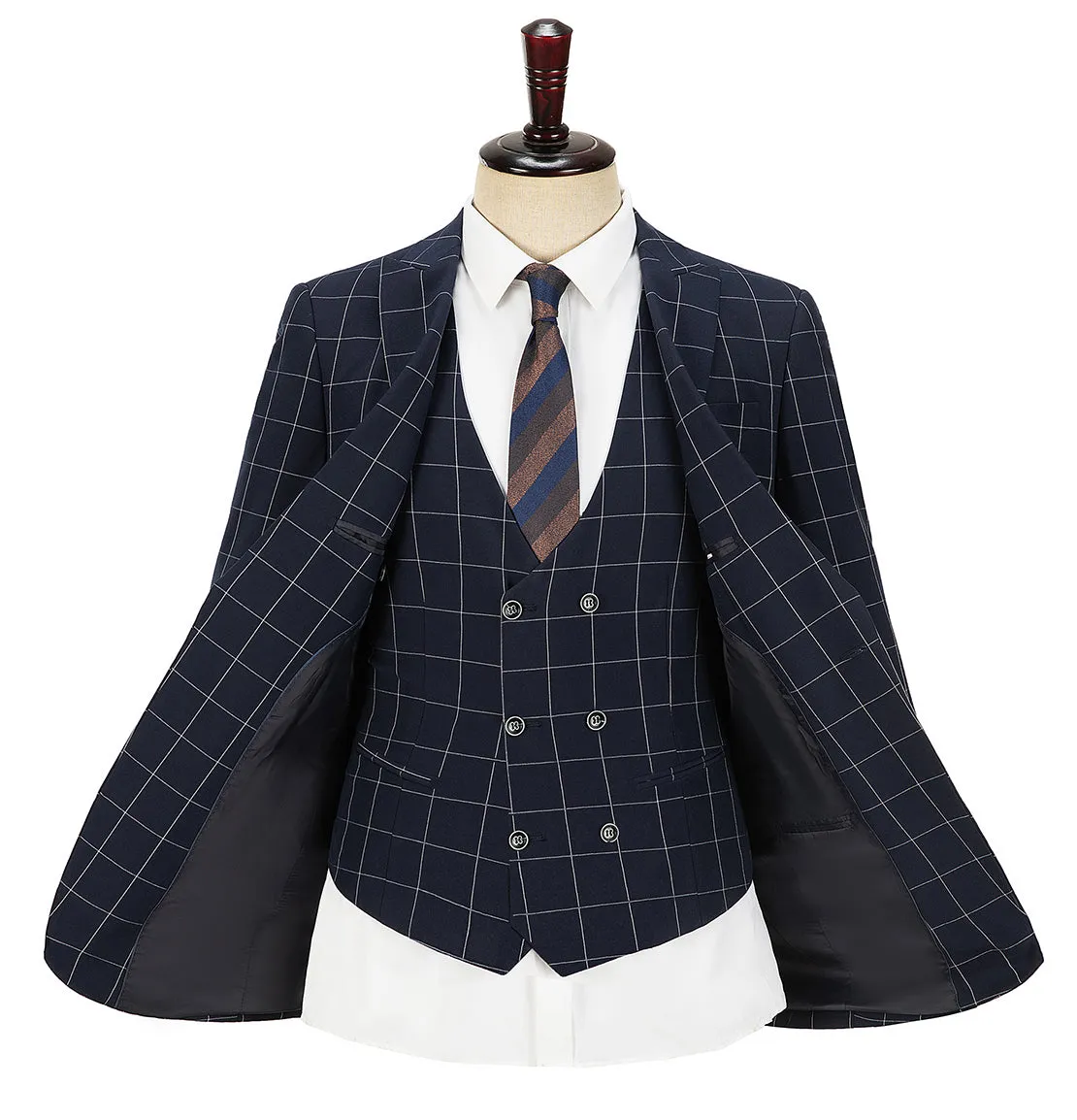 Fashion Mens Suit 3 Pieces Plaid Peak Lapel Tuxedos (Blazer Vest Pants)
