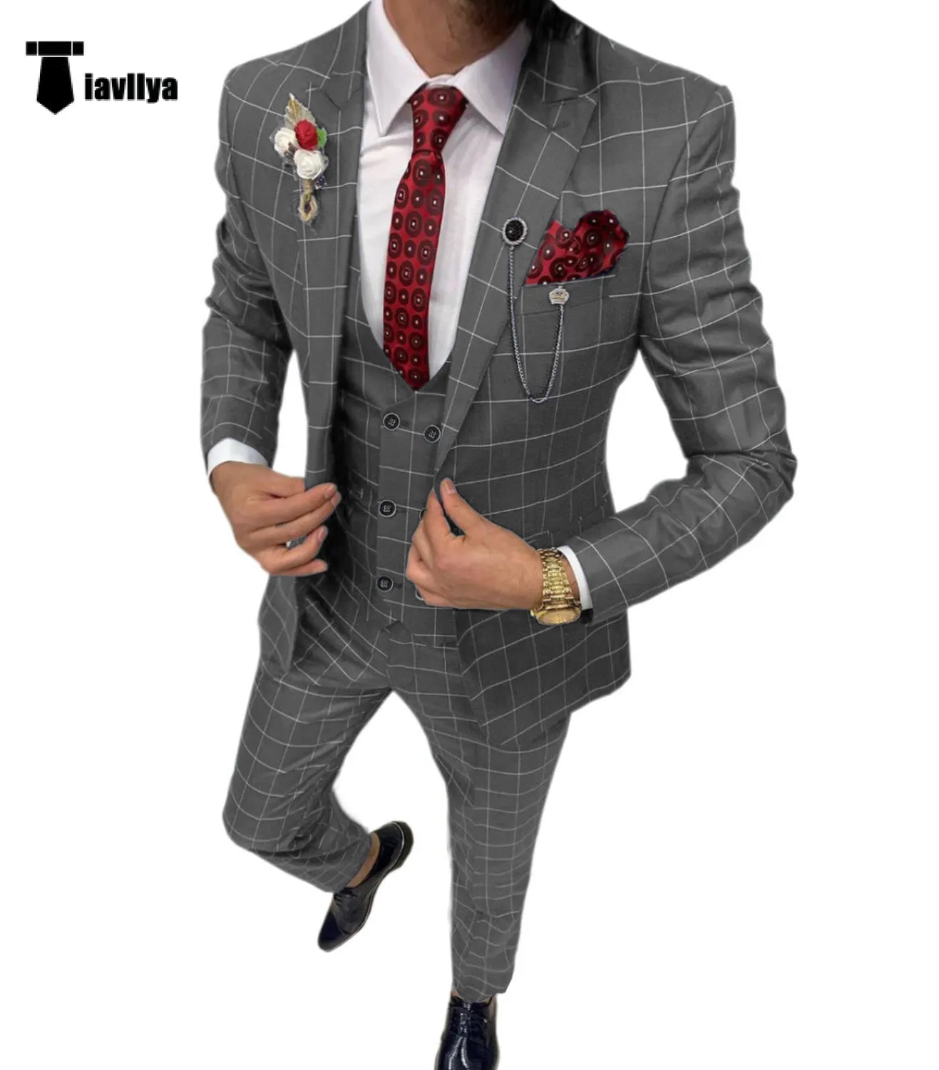 Fashion Mens Suit 3 Pieces Plaid Peak Lapel Tuxedos (Blazer Vest Pants)