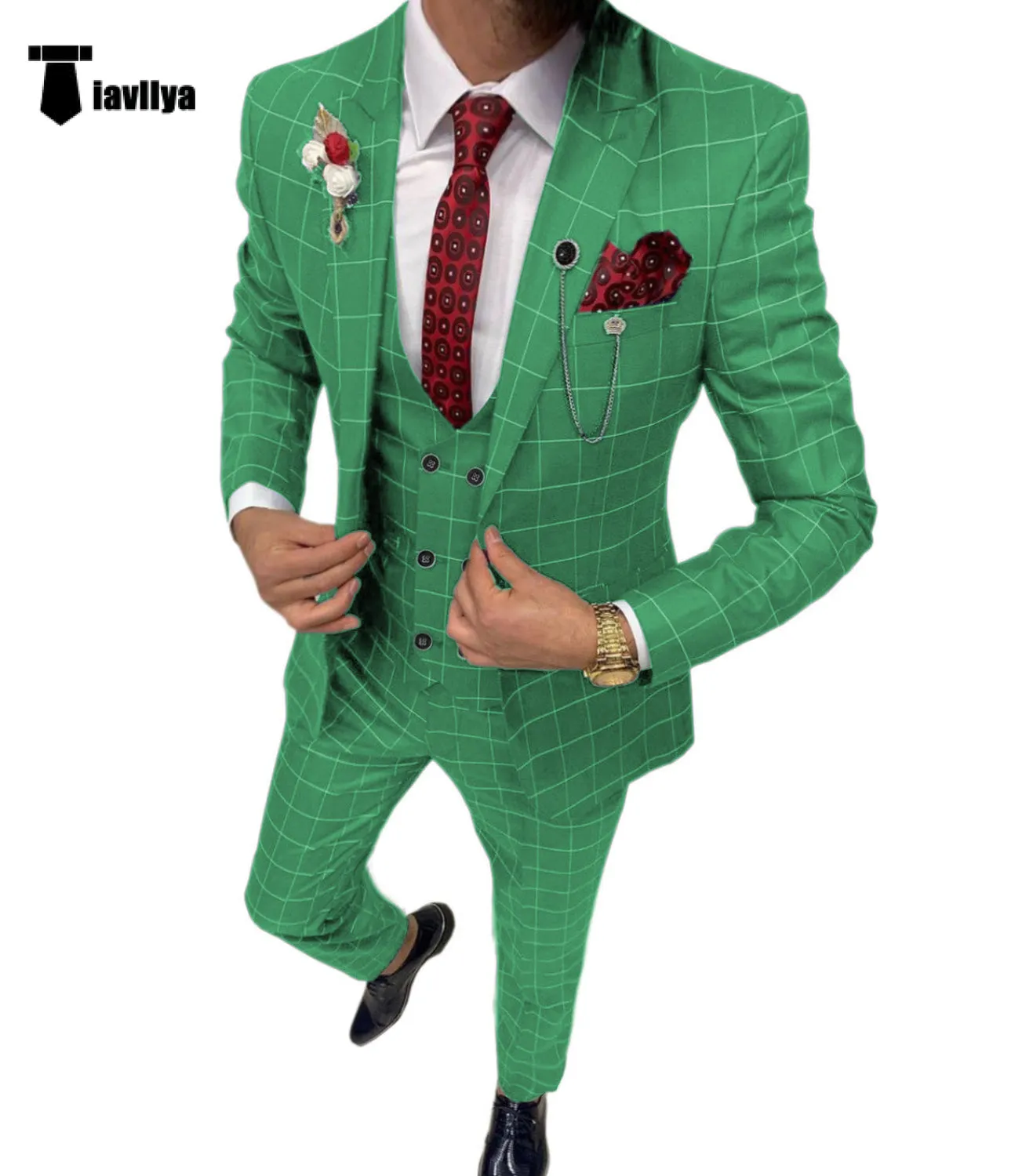 Fashion Mens Suit 3 Pieces Plaid Peak Lapel Tuxedos (Blazer Vest Pants)