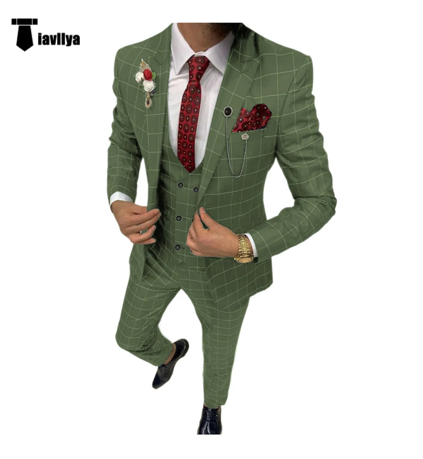 Fashion Mens Suit 3 Pieces Plaid Peak Lapel Tuxedos (Blazer Vest Pants)