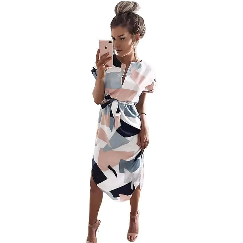 Fashion Print O-neck Slim Sheath Dress