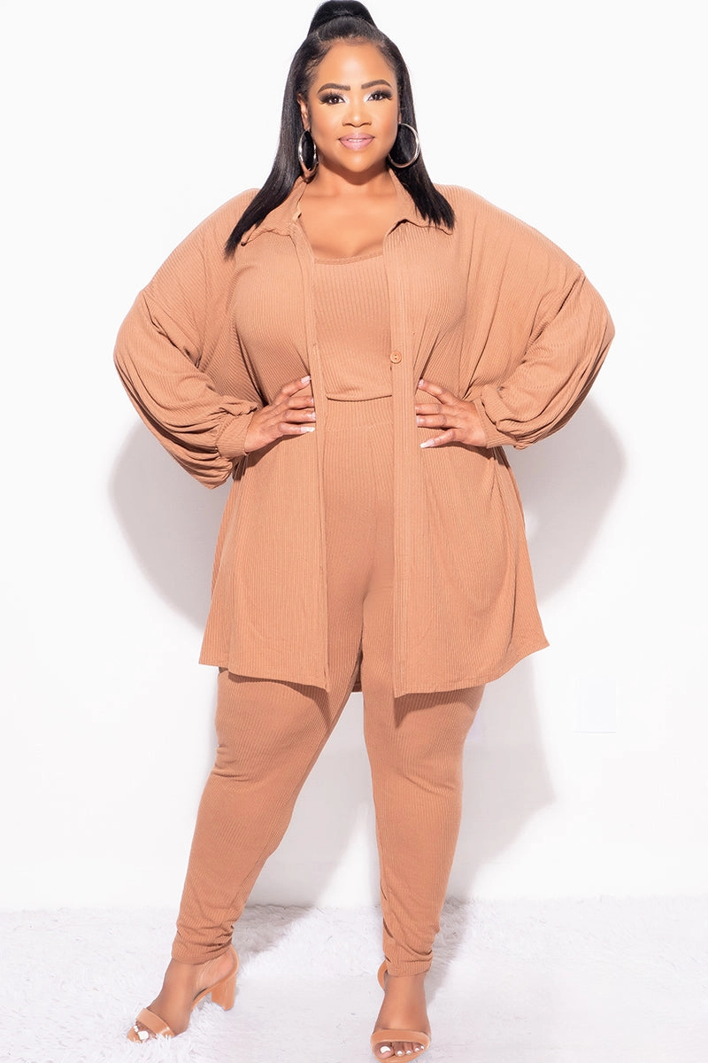 Final Sale Plus Size Ribbed 3pc Set Cardigan, Tank Crop Top, & Pants in Mocha Snag Free Fabric Essential Wear