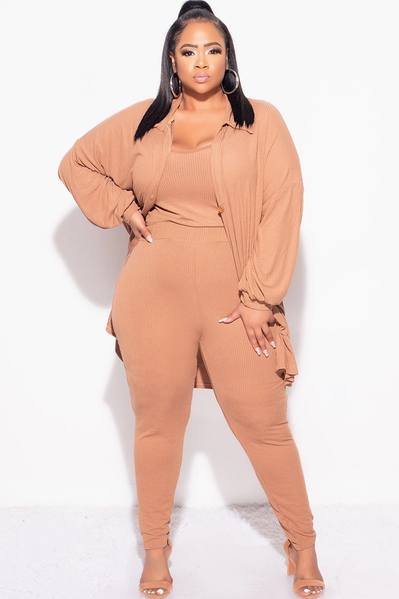 Smart Layering FlexibleKnees Final Sale Plus Size Ribbed 3pc Set Cardigan, Tank Crop Top, & Pants in Mocha