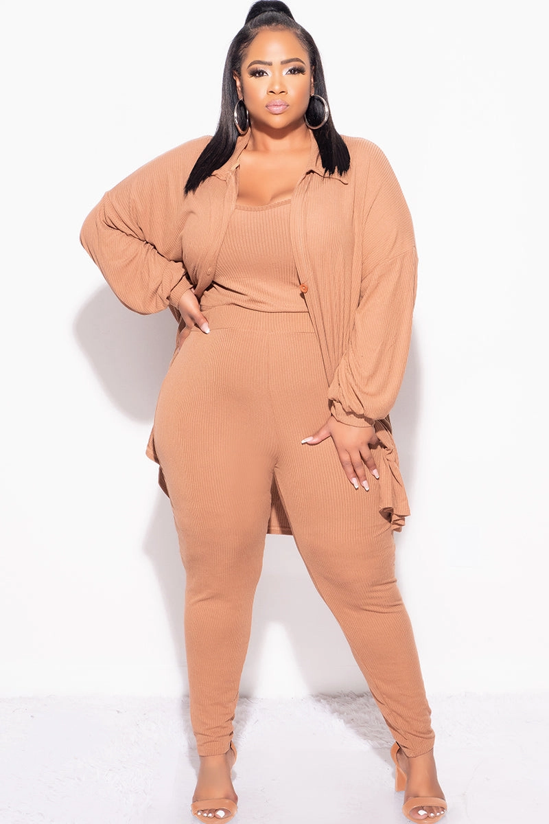 NoBuckleDesign Final Sale Plus Size Ribbed 3pc Set Cardigan, Tank Crop Top, & Pants in Mocha