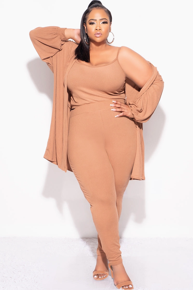 Final Sale Plus Size Ribbed 3pc Set Cardigan, Tank Crop Top, & Pants in Mocha Premium Stretch Chafe-Free Fit