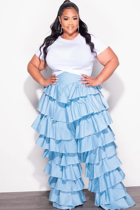 Final Sale Plus Size High Waist Ruffle Pants in Chambray in Light Denim Color Modular Pocket System
