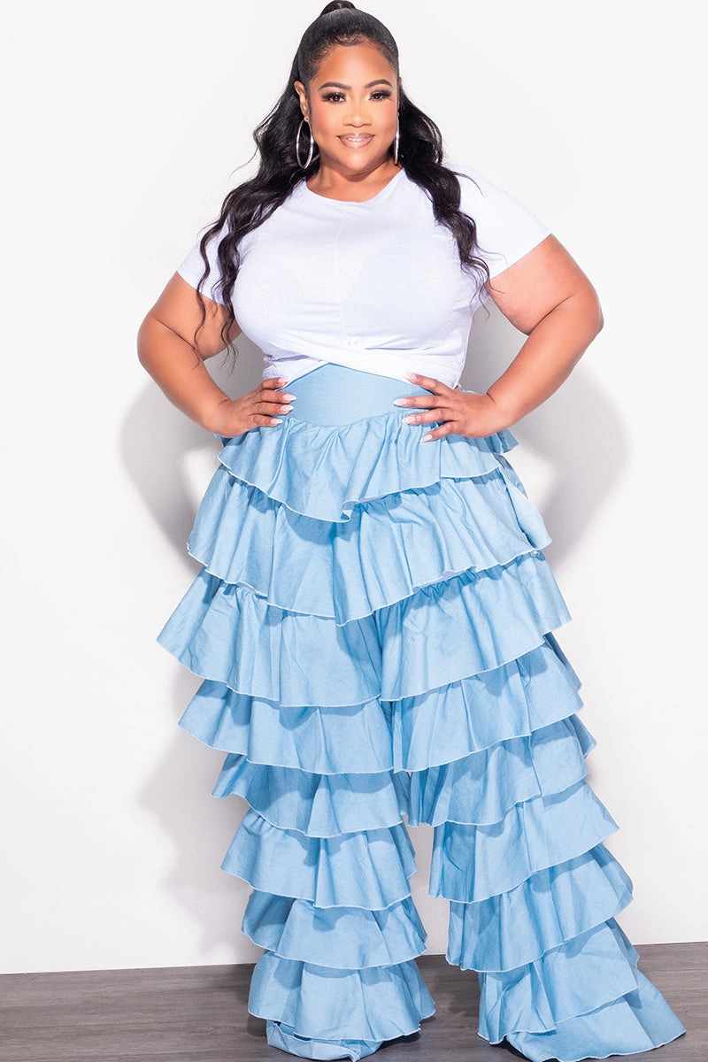 Final Sale Plus Size High Waist Ruffle Pants in Chambray in Light Denim Color Modular Pocket System