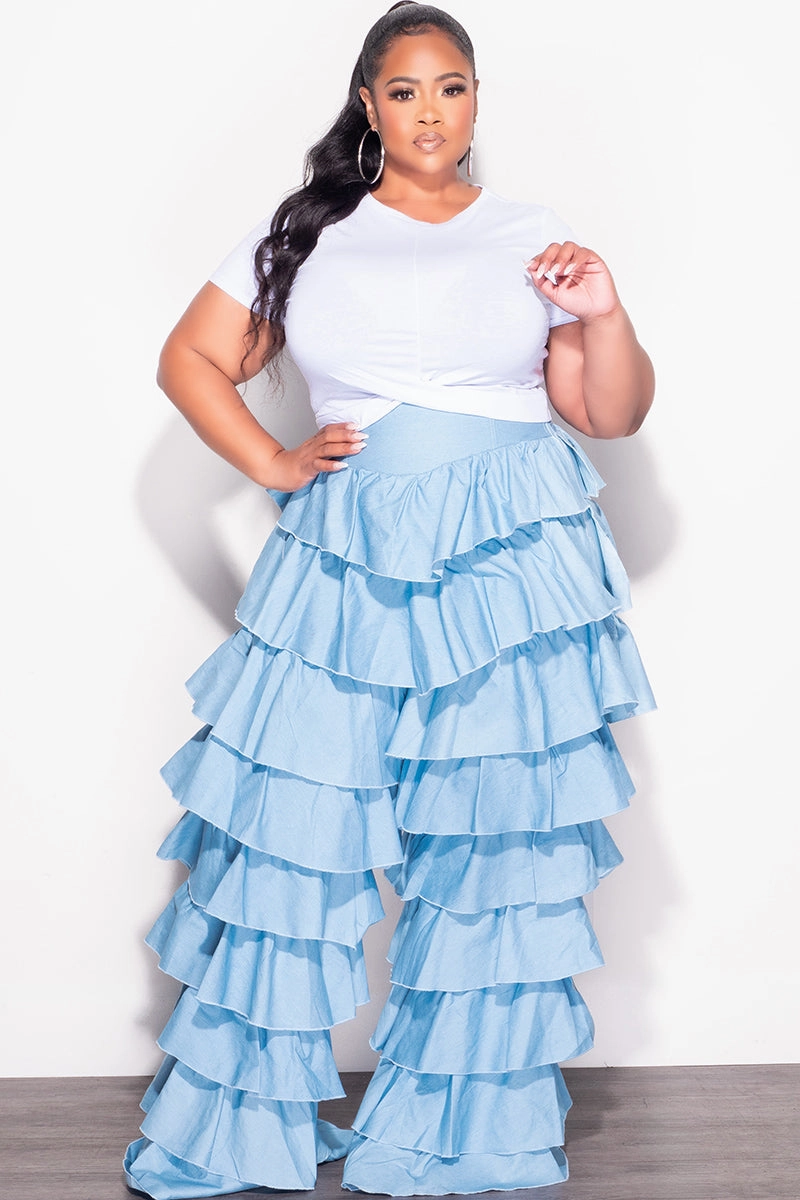 No Ride Up Design Final Sale Plus Size High Waist Ruffle Pants in Chambray in Light Denim Color