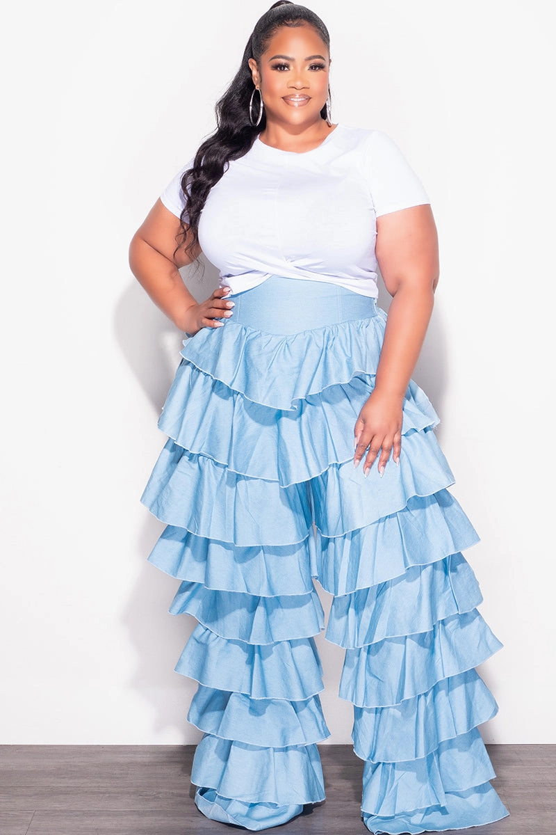 Final Sale Plus Size High Waist Ruffle Pants in Chambray in Light Denim Color Quick Cool