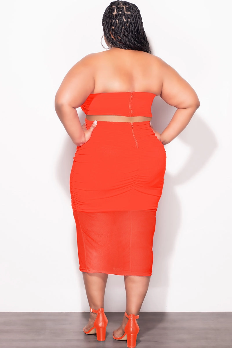 Final Sale Plus Size Sheer 2pc Strapless Crop Top and Skirt Set in Orange MoistureControlLiner Quick Pack