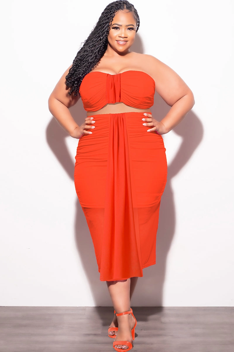 Final Sale Plus Size Sheer 2pc Strapless Crop Top and Skirt Set in Orange Frayed hem Relaxed Fit Design