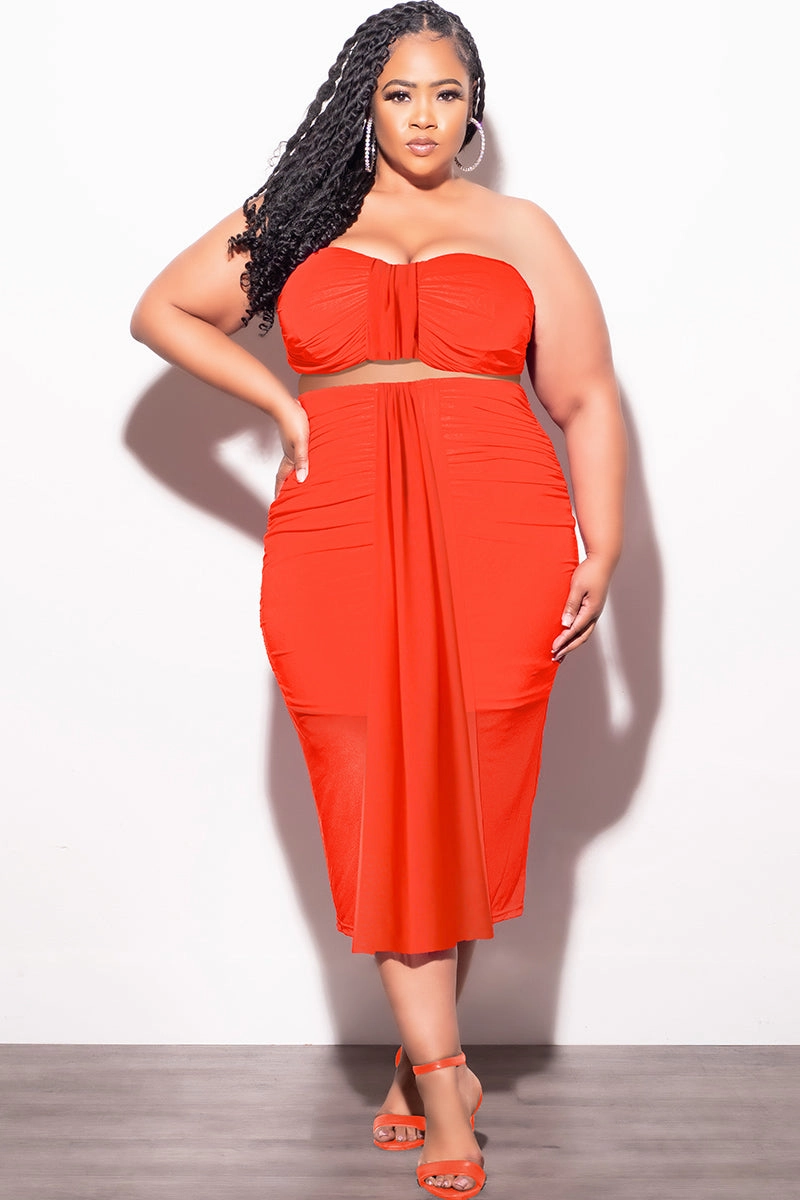 Final Sale Plus Size Sheer 2pc Strapless Crop Top and Skirt Set in Orange Active Motion