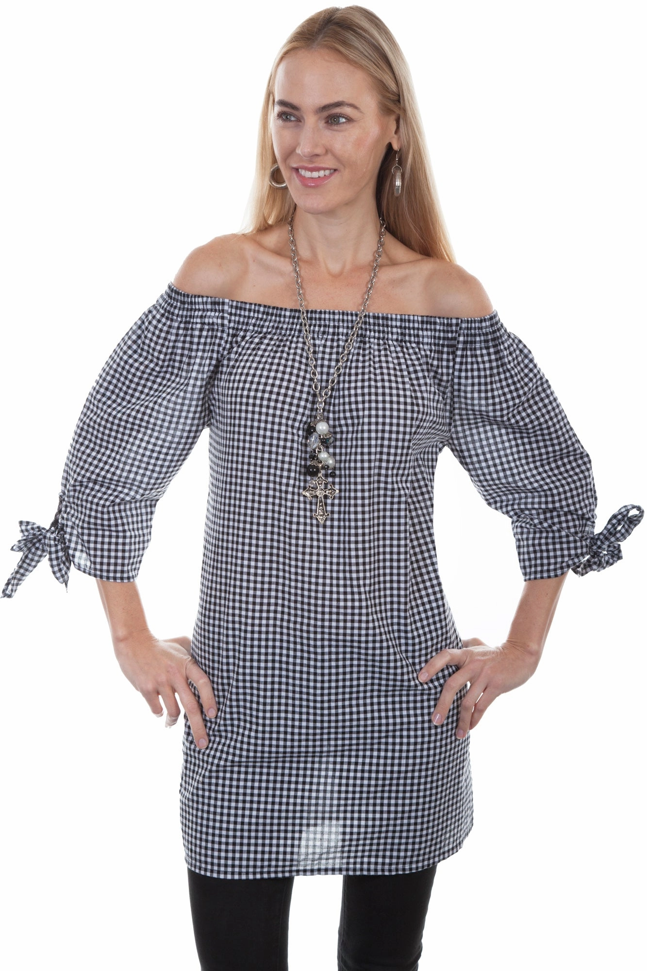 Scully Womens Black/White 100% Cotton Gingham S/S Blouse Stylish Detail