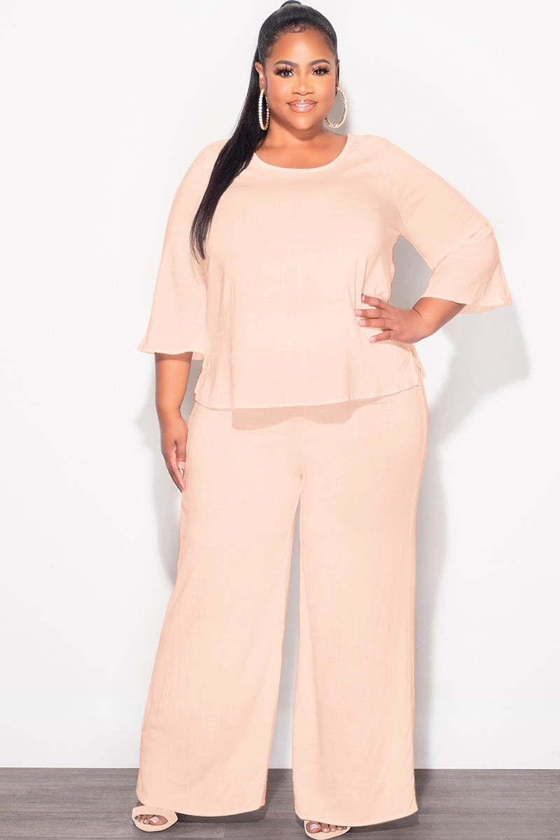 Trendy Design Soft Performance Final Sale Plus Size 2pc Top and Pants Set in Cappuccino Tan Linen