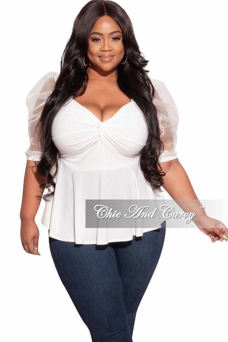 Chill Mode Final Sale Plus Size Peplum Top with Short Organza Puffy Sleeves in Off White