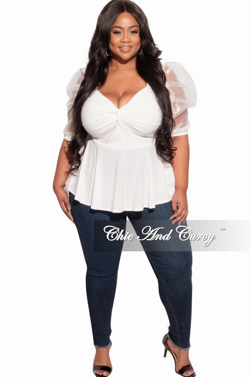 Minimal Edge Final Sale Plus Size Peplum Top with Short Organza Puffy Sleeves in Off White
