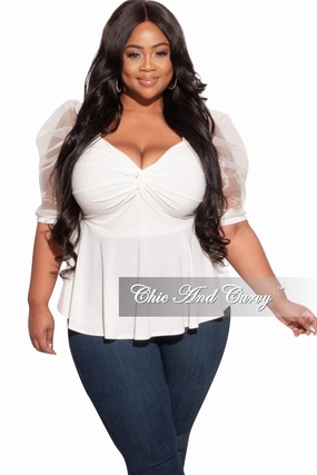 Chill Mode Final Sale Plus Size Peplum Top with Short Organza Puffy Sleeves in Off White