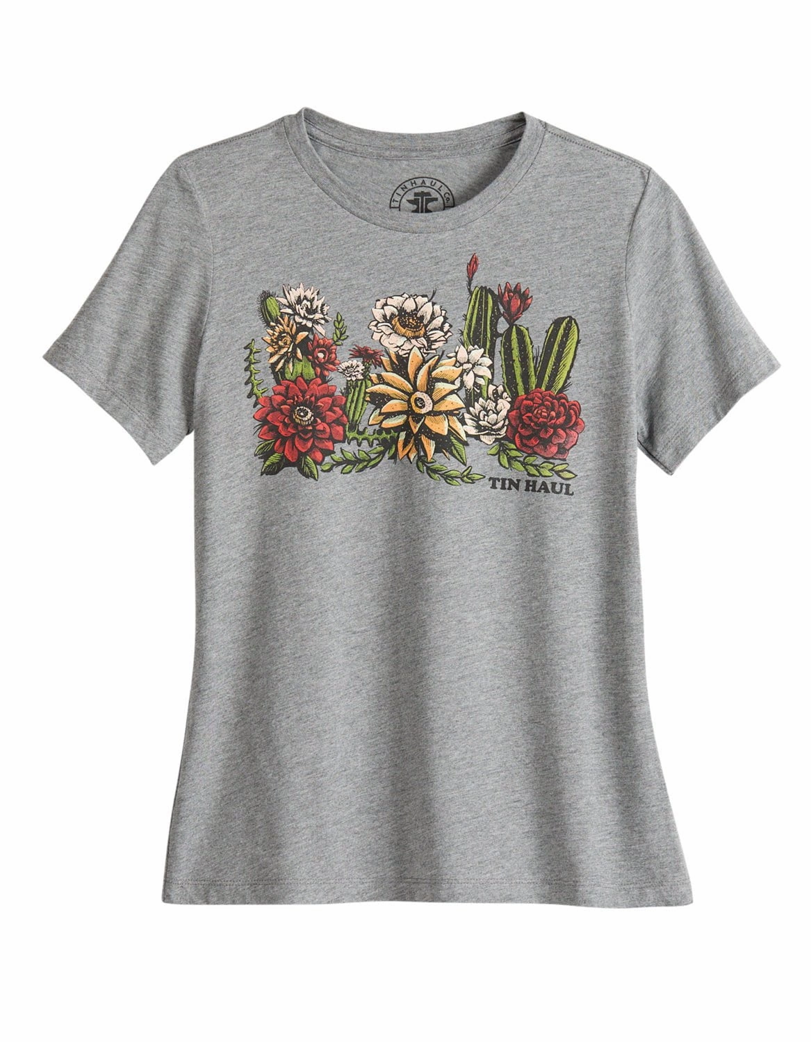Tin Haul Womens Cactus Garden Grey Cotton Blend S/S T-Shirt Exclusive Collection Quick Release Cuffs