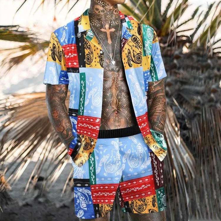 Fashionable and Casual Beach Suit with Color Geometric Print